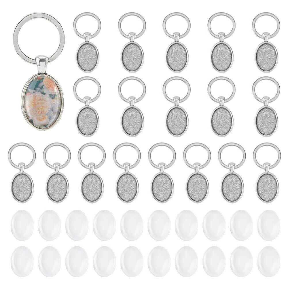 1079 20 Sets Keychain Cabochon Settings Oval Metal Blank Bezel Frames